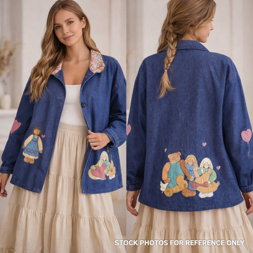 Vintage Style Hand Painted Denim Jacket Cottagecore Folk Art Teddy Bear Indie XL